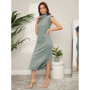 Stacy High Neck Shoulder Pads Slit Hem Textured Tank Dress